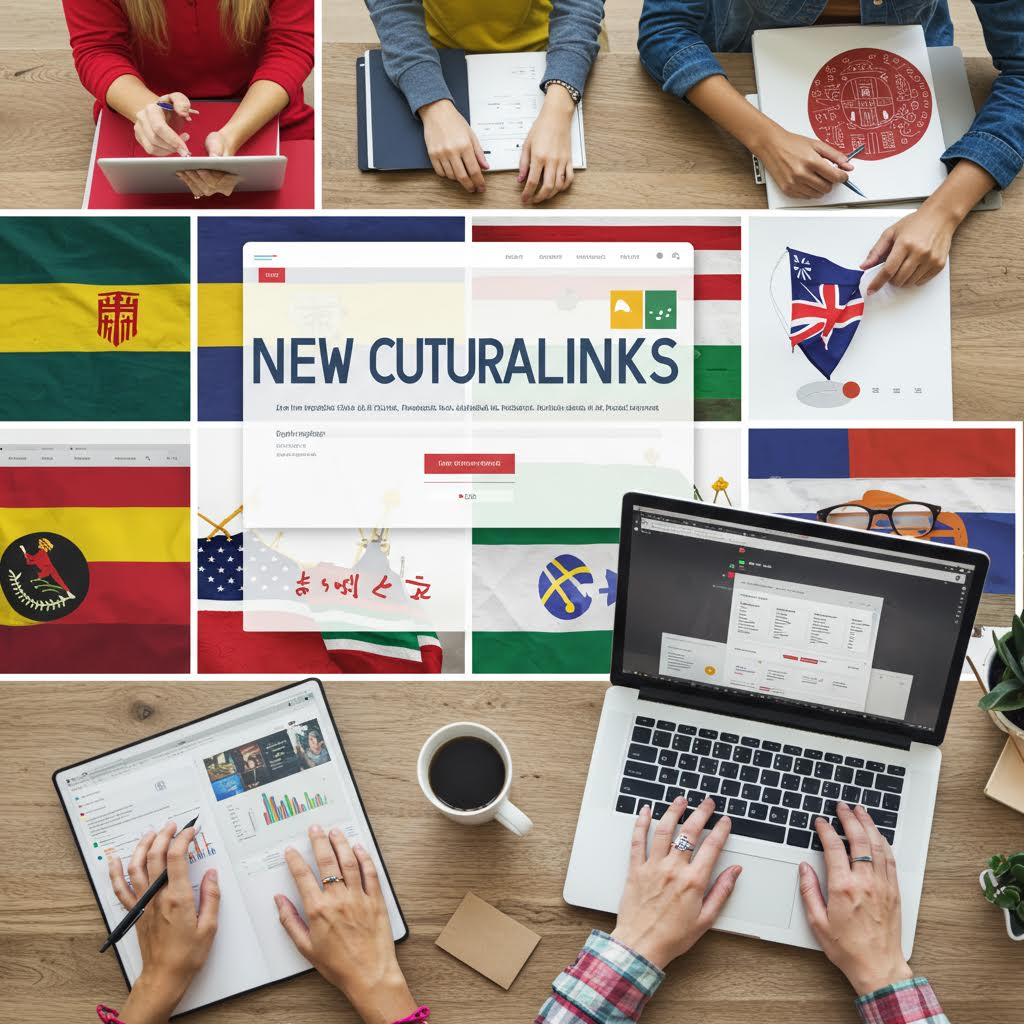 다양한 국기와 함께 노트북 화면에 ‘NEW CULTURAL LINKS’ 문구가 표시된 다문화 온라인 교육 장면