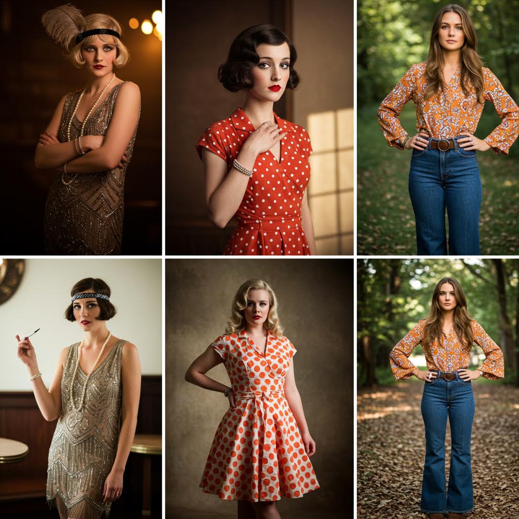 복고풍 의상과 따뜻한 조명이 어우러진 인물들의 초상으로 시대를 초월한 감성 소비의 변화를 담은 장면