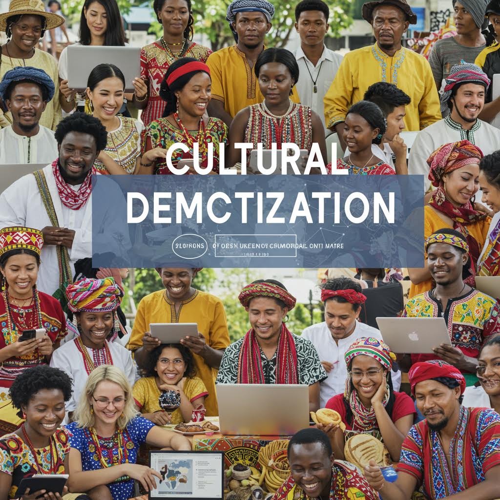 다양한 문화권의 사람들이 웃으며 모여 디지털 플랫폼이 만든 글로벌 예술 교류의 활기찬 장면