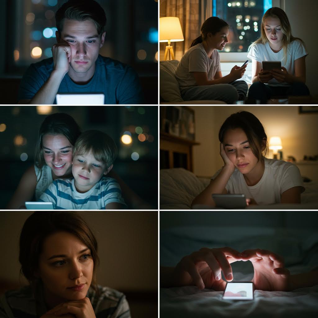 스마트폰과 노트북 화면에 비치는 얼굴들이 디지털 감성 소비의 일상화를 보여주는 현대적 풍경