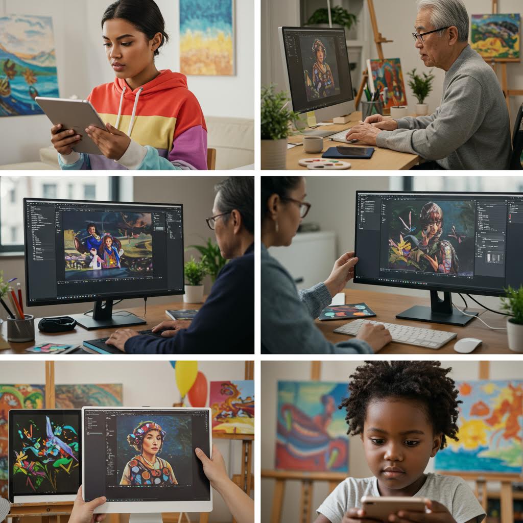 다양한 연령대의 인물들이 디지털 드로잉 작업을 진행하며 창작의 대중화를 보여주는 예술 교육의 현장