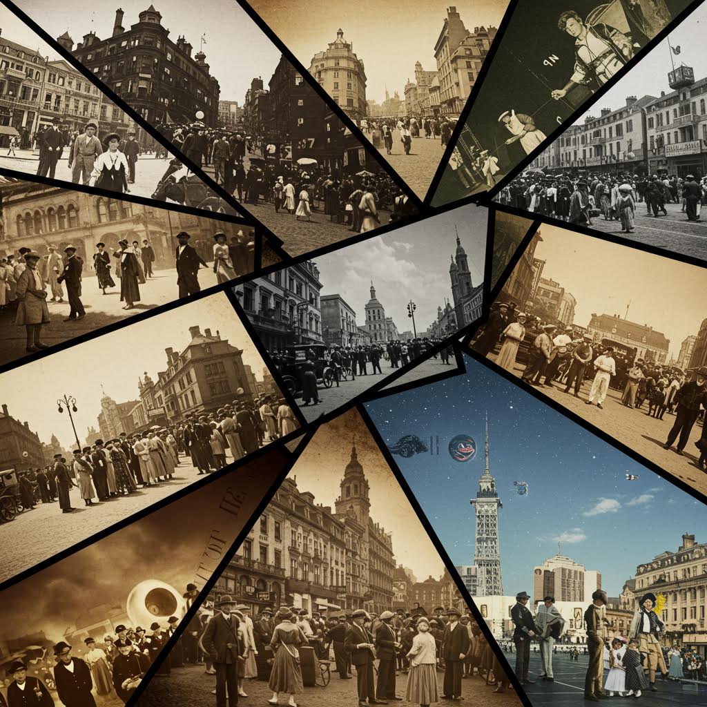 흑백과 세피아 톤의 도시 이미지들이 이어지며 시간의 흐름을 시각적으로 엮은 디지털 기억의 여행