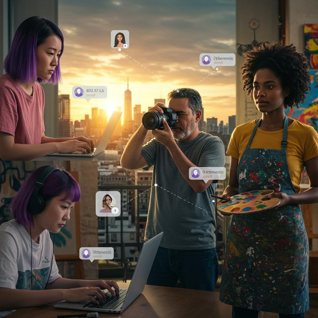 도시의 석양을 배경으로 창작자들이 서로 다른 역할로 협업하며 플랫폼에서 새로운 관계를 만들어가는 모습