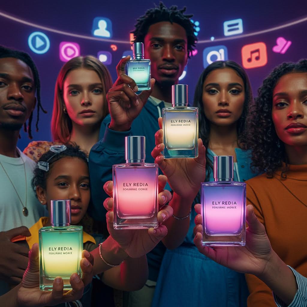 여러 세대의 인물이 향수병을 들고 서 있으며 컬러 조명이 감각적으로 비추는 세대 공감의 디지털 향수 캠페인 장면