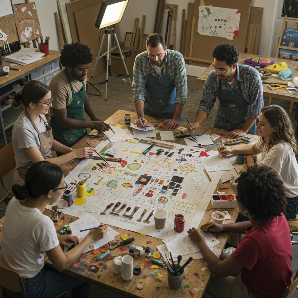 작업 테이블 위에서 여러 사람이 함께 색을 섞고 도안을 만들며 공동 창작을 이어가는 커뮤니티 예술의 현장