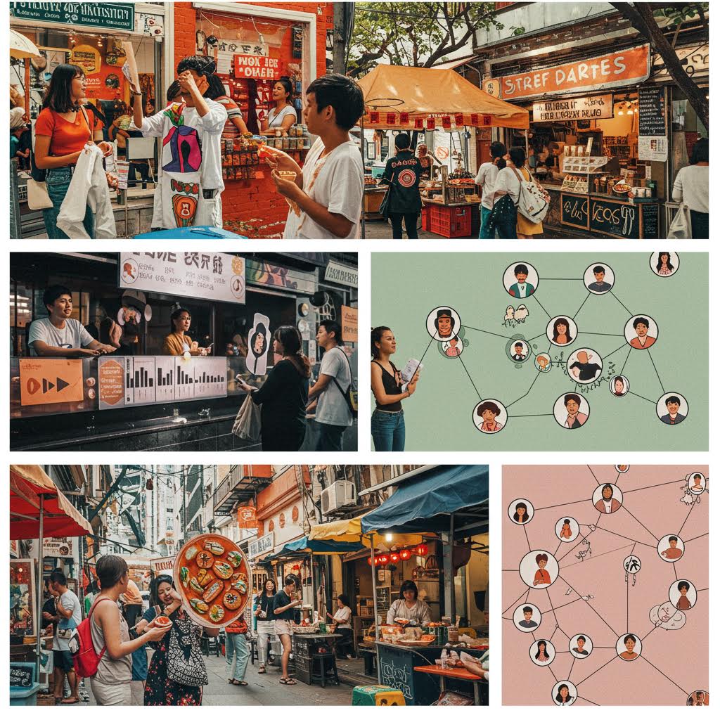 거리 공연과 로컬 마켓, 사람들의 상호작용이 어우러지며 커뮤니티의 감성과 큐레이션 문화가 드러나는 활기찬 장면