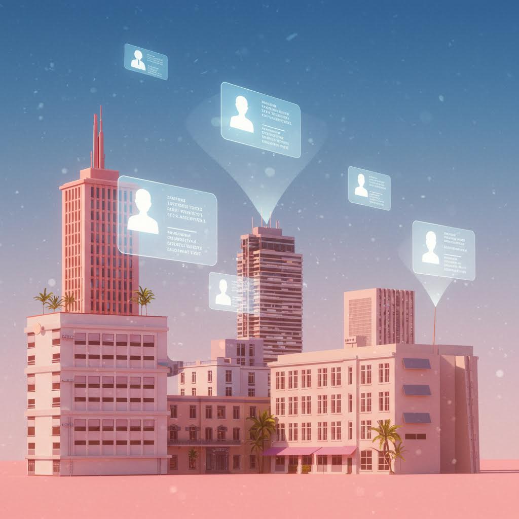 디지털 네트워크 아이콘이 도심의 건물 위에 떠 있는 장면으로 감성 커뮤니티의 연결 구조를 상징하는 이미지