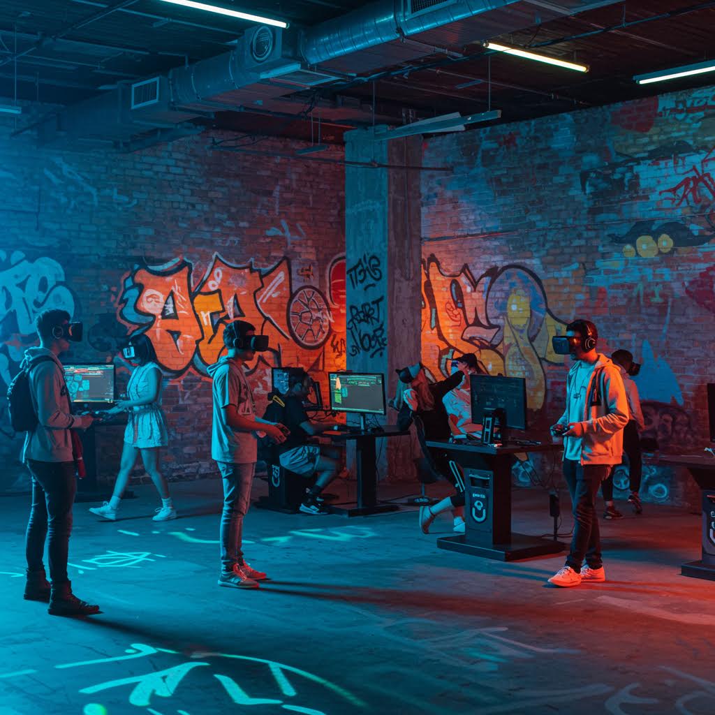 벽화와 그래피티가 장식된 공간에서 게이머와 관객이 함께 몰입하며 예술과 패션이 교차하는 디지털 문화 공간