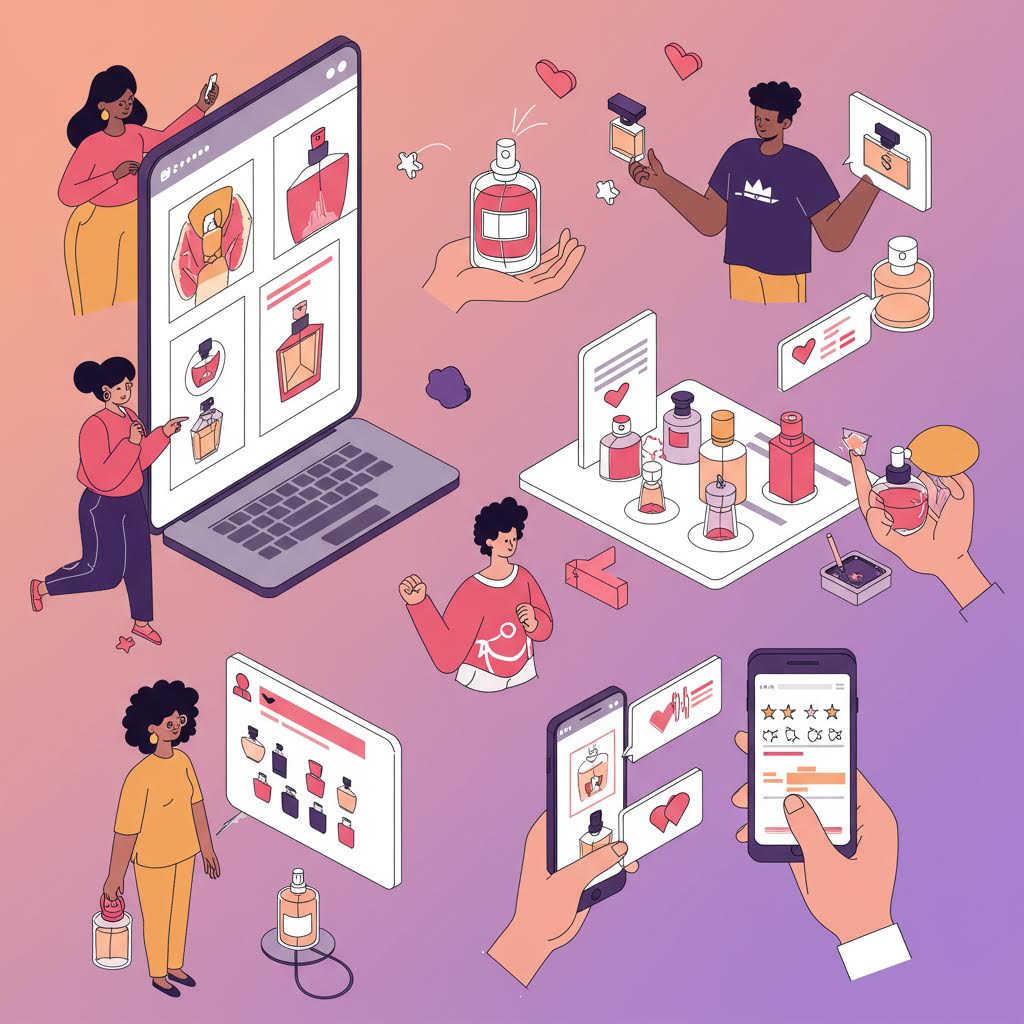 사람들이 스마트 기기와 그래픽 인터페이스를 통해 향수 콘텐츠를 제작하고 공유하는 온라인 커뮤니티의 구조