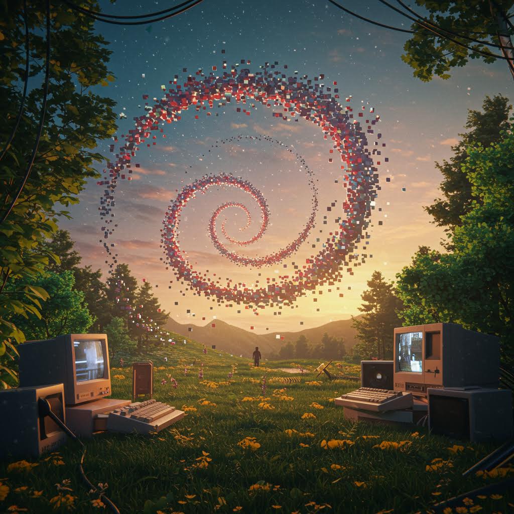 황혼빛 하늘 아래 나선형으로 퍼져나가는 픽셀 입자와 낡은 모니터가 조화를 이루며 디지털 예술의 재탄생을 상징하는 구도