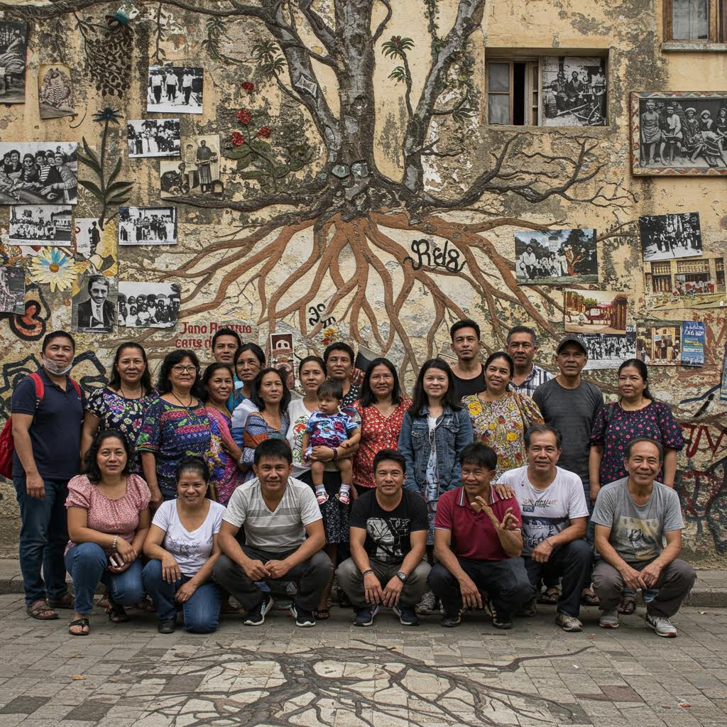 벽화 앞에서 커뮤니티 구성원들이 함께 사진을 찍으며 지역의 기억과 정체성을 공유하는 따뜻한 순간