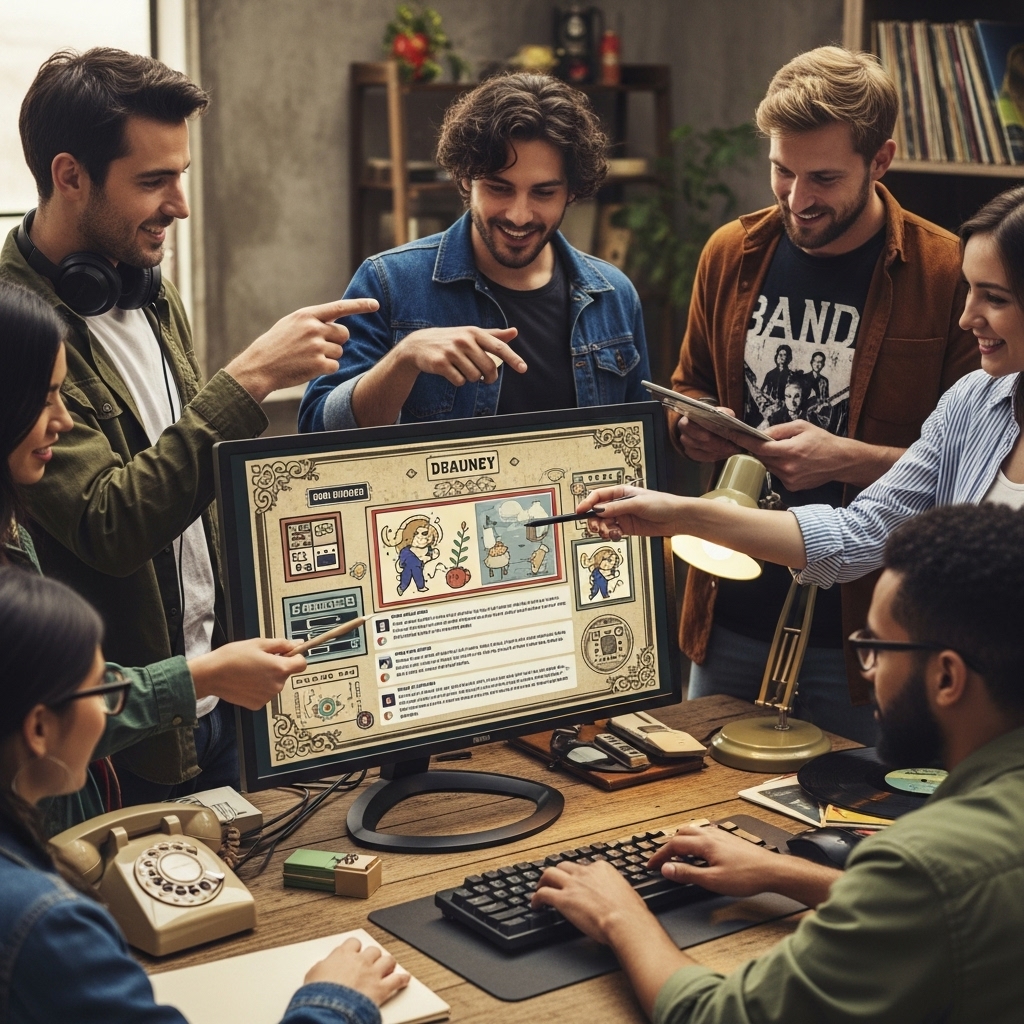 공동의 취향을 공유하는 사람들이 모니터 속 콘텐츠를 함께 바라보며 디지털 커뮤니티의 진화를 이야기하는 장면의 흐름