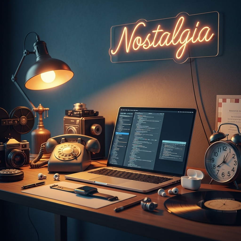 ‘Nostalgia’ 네온사인 아래 노트북과 빈티지 소품이 어우러져 디지털 시대의 감정적 회상을 상징하는 장면