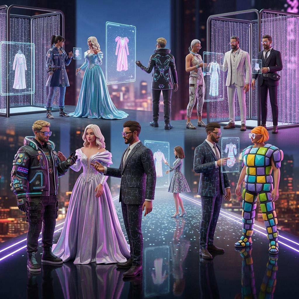가상 공간에서 다양한 의상을 입은 인물들이 어울리며 게임과 패션이 결합된 새로운 참여 문화를 보여주는 순간
