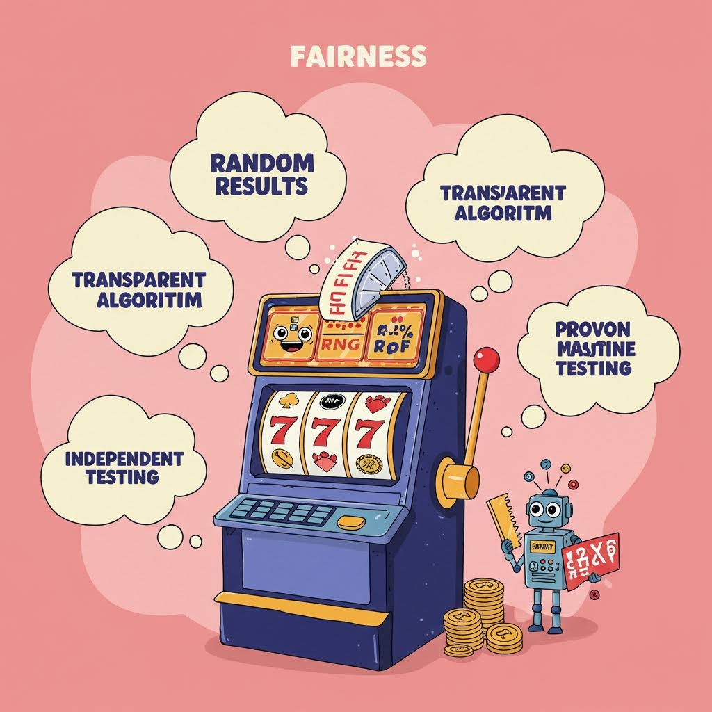 'FAIRNESS(공정성)'라는 제목 아래, 슬롯 머신 일러스트레이션과 주변에 떠 있는 5개의 말풍선이 특징입니다. 슬롯 머신에는 'RNG(난수 생성기)'가 표시되어 있으며, 말풍선에는 'RANDOM RESULTS(무작위 결과)', 'TRANSPARENT ALGORITM(투명한 알고리즘)', 'INDEPENDENT TESTING(독립적인 테스트)' 등 게임의 공정성을 입증하는 개발자 테스트 프로세스의 구조가 설명되어 있습니다.