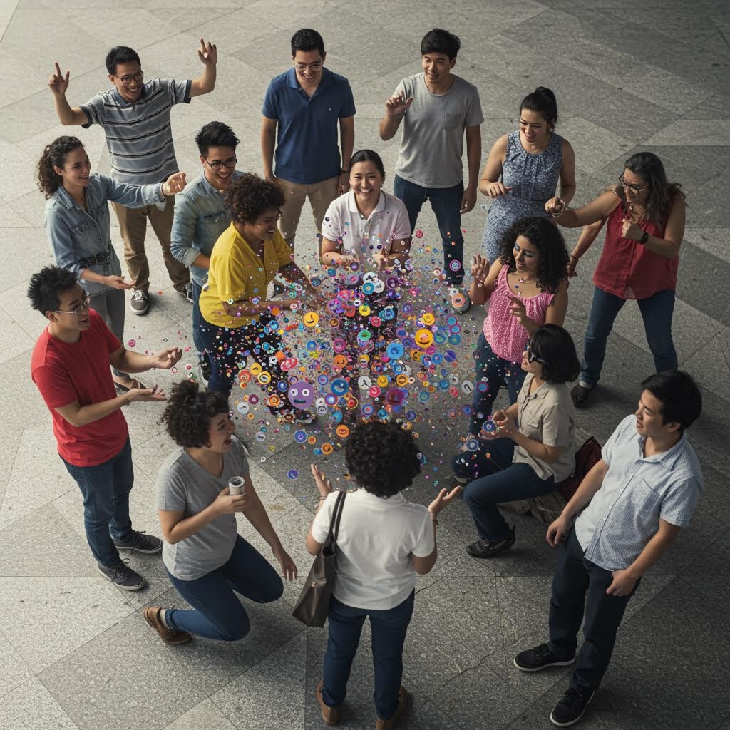 원형 중심에 떠오른 컬러 아이콘 주위로 참여자들이 모여 의견을 나누며 교류 구조가 시각적으로 확장되는 모습