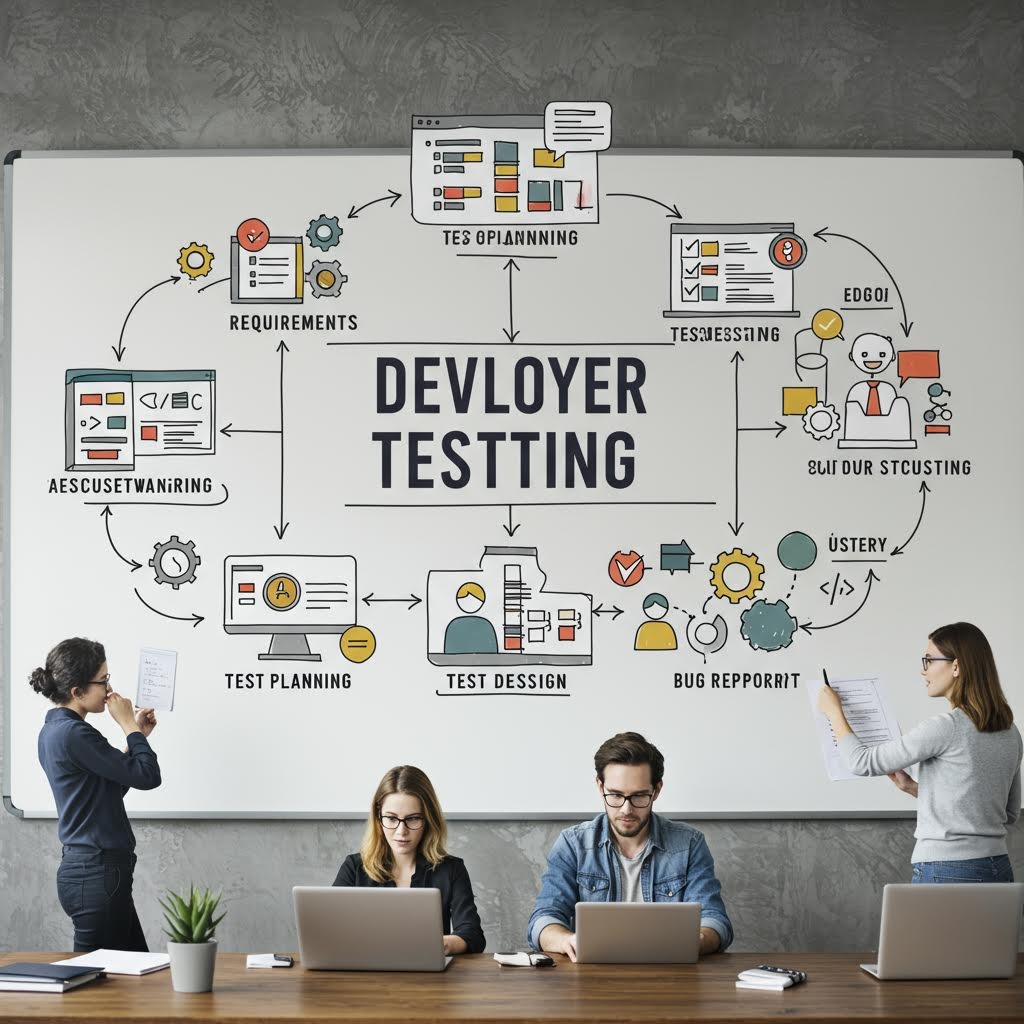 회의실에서 네 명이 노트북으로 작업하는 사진 위에 'DEVLOYER TESTTING(개발자 테스트)'라는 제목의 순환형 프로세스 다이어그램이 오버레이되어 있습니다. 요구 사항(Requirements), 테스트 계획, 테스트 설계, 버그 보고, 테스트 등 소프트웨어 개발 및 테스트의 반복적인 워크플로가 아이콘과 화살표로 연결되어 시각적으로 설명됩니다.