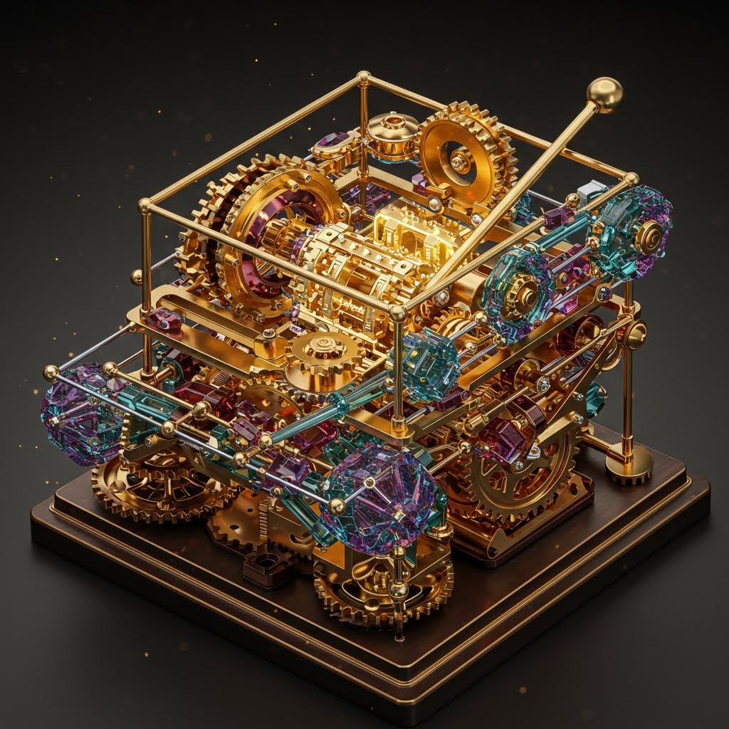 정교한 금속 프레임과 금색 톱니바퀴, 그리고 다채로운 보석 형태의 부품들로 이루어진 복잡한 기계 장치의 3D 렌더링 이미지. 이는 정밀 공학의 구조적 복잡성을 보여주며, 게임 개발에서 스택형 심볼 구현 전략과 그 기술적 메커니즘을 시각적으로 보여줍니다.