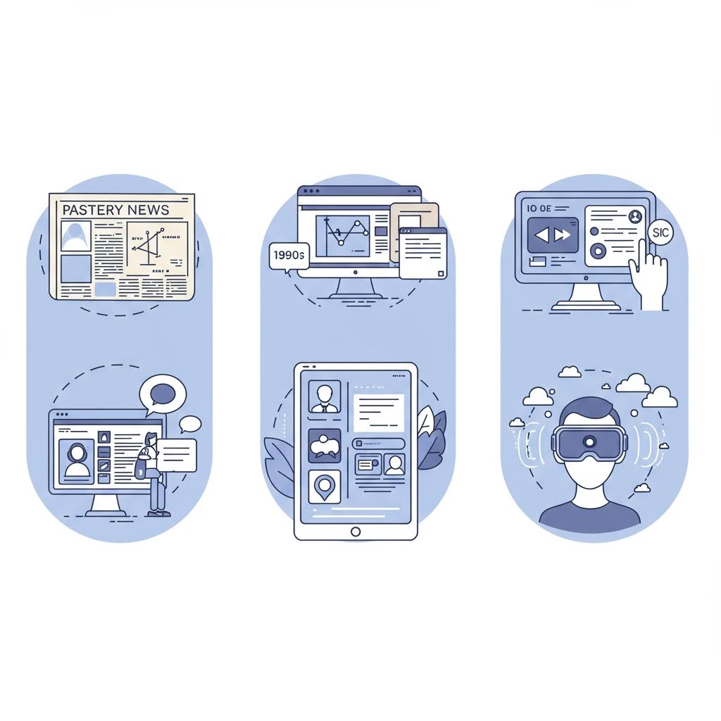 디지털 화면과 사용자 인터페이스 요소가 단순한 선과 패널로 정리되어 콘텐츠 관리 절차를 상징적으로 보여주는 일러스트 흐름
