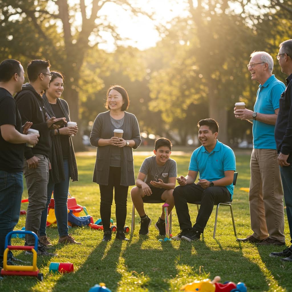 햇살이 비치는 잔디밭에서 사람들이 담소를 나누며 편안한 분위기로 관계를 쌓아가는 공동체 순간