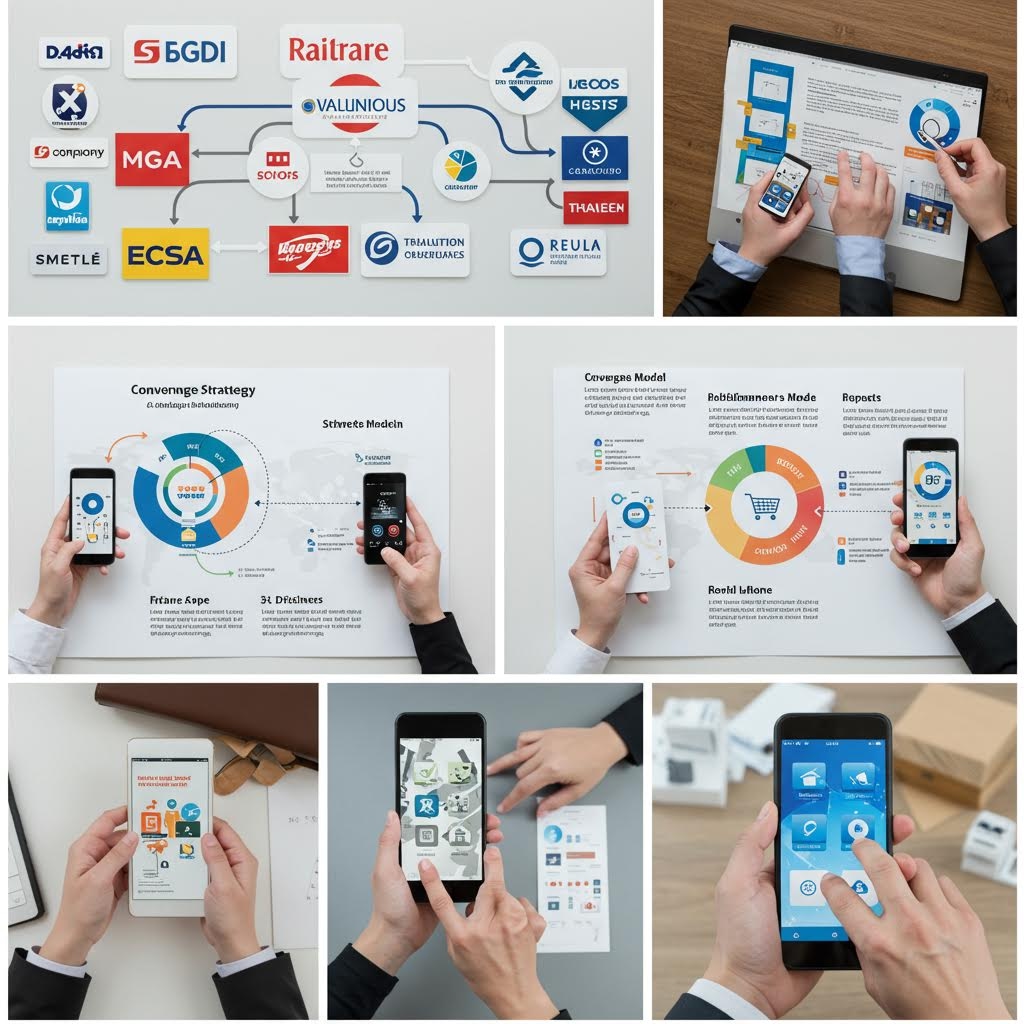 여러 손이 스마트폰과 인쇄 자료를 넘나들며 구조도와 아이콘을 비교해 디지털 서비스를 설명하는 장면