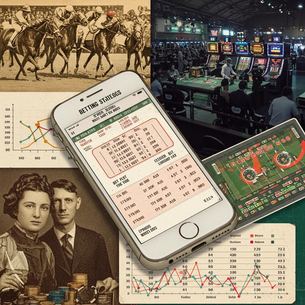 경마 장면, 슬롯 머신이 가득한 카지노 전경, 그리고 칩을 든 남성의 초상화가 배경에 혼합된 복합적인 콜라주 이미지. 전경에는 베팅 전략을 보여주는 데이터 테이블과 차트가 표시된 스마트폰 화면이 크게 배치되어 있습니다. 이는 도박/베팅 토너먼트 경험이 만드는 장기적인 영향과 복잡한 전략 분석을 시각적으로 나타냅니다.