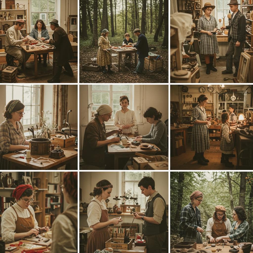 숲과 실내가 교차된 공간에서 여러 인물이 작업과 대화를 오가며 장인의 흐름을 따르는 협업 장면들이 격자로 배열된 구성