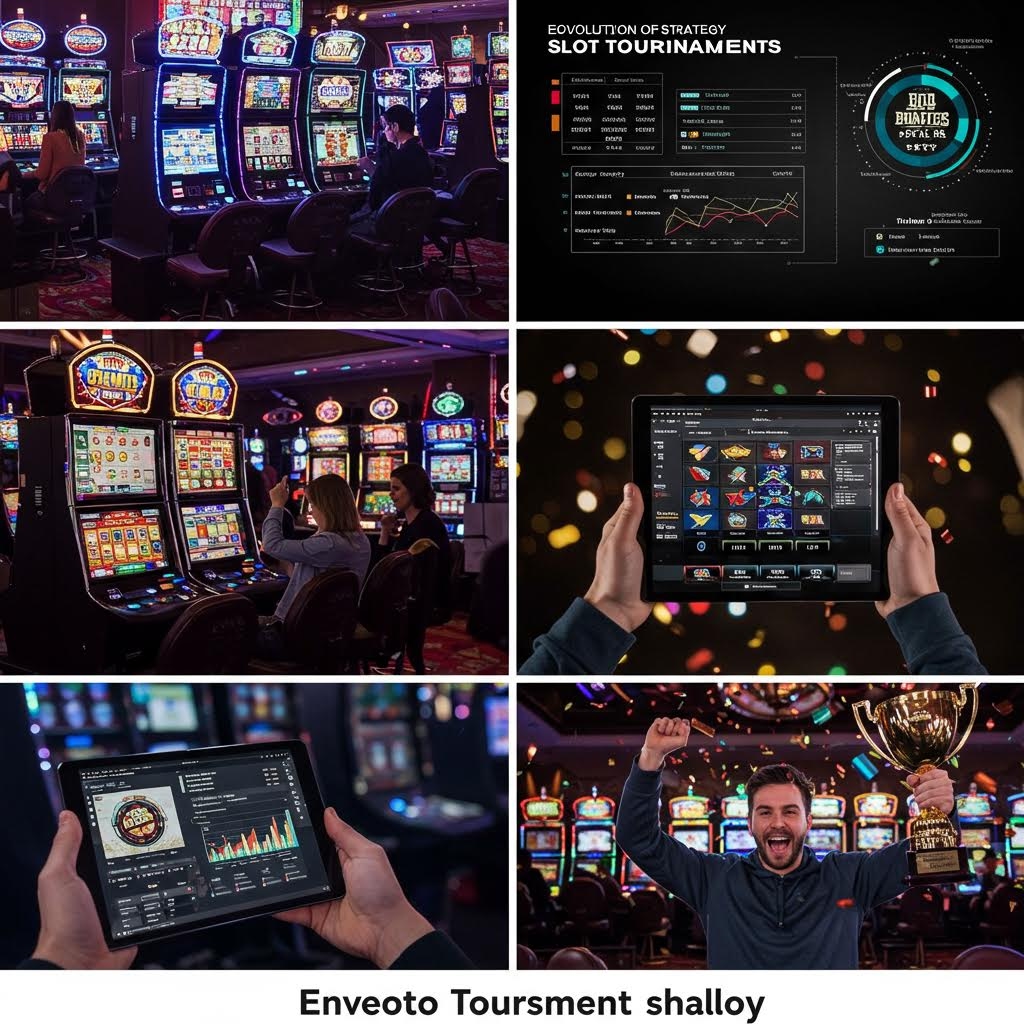 카지노에서 슬롯 머신을 플레이하는 사람들, 슬롯 토너먼트 전략의 진화를 보여주는 데이터 분석 대시보드, 그리고 트로피를 들고 승리를 축하하는 남성의 모습이 담겨 있습니다. 이는 슬롯 토너먼트 환경에서의 경쟁, 데이터 기반 전략, 그리고 승리의 보상을 시각적으로 보여줍니다.