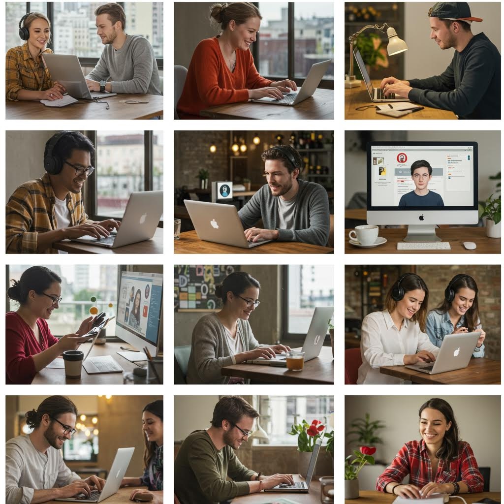 다양한 환경에서 사람들이 온라인 회의와 대화를 이어가며 콘텐츠 제작과 협업 과정을 자연스럽게 보여주는 연속 장면