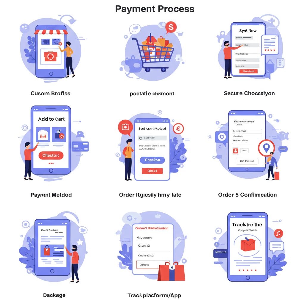 'Payment Process(결제 과정)'라는 제목의 3x3 격자 배열 일러스트레이션. 온라인 쇼핑몰에서 상품 선택, 장바구니 담기, 결제 방법 선택, 주문 확정, 배송 추적 등 전자 상거래의 시작부터 끝까지의 구매 과정을 단계별 아이콘과 화면으로 보여줍니다.