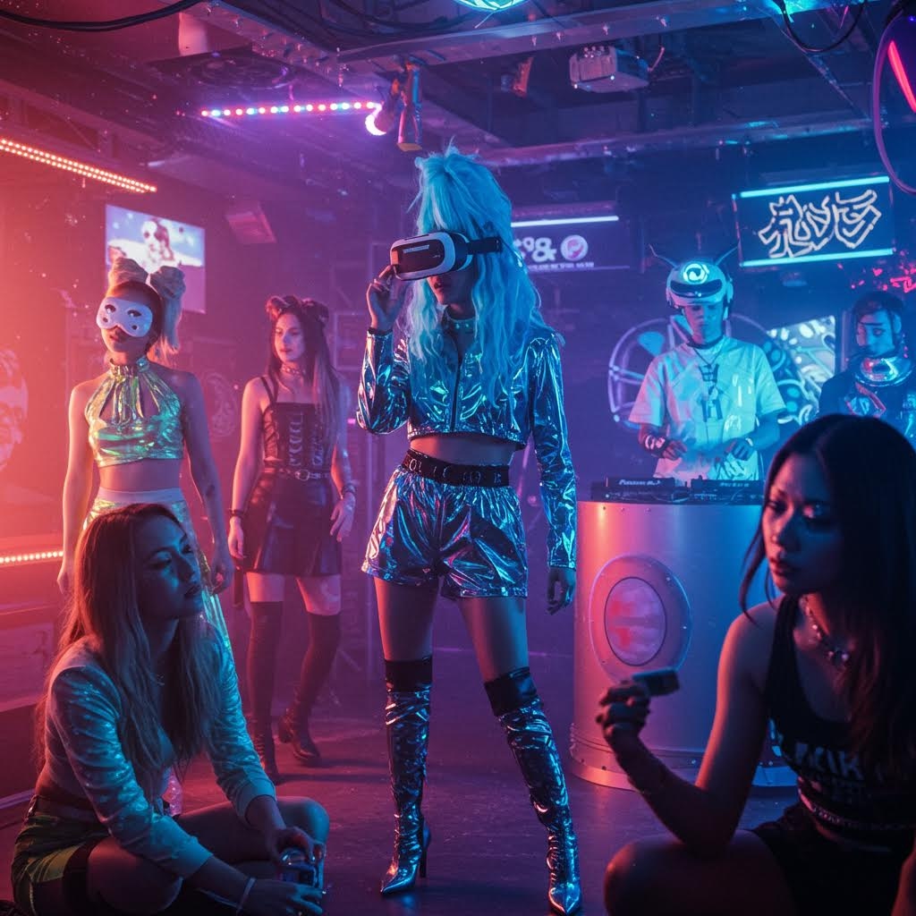 네온 조명 아래에서 화려한 복장을 한 사람들이 가상 장비와 음악에 몰입하며 분위기를 만들어내는 클럽 공간의 흐름