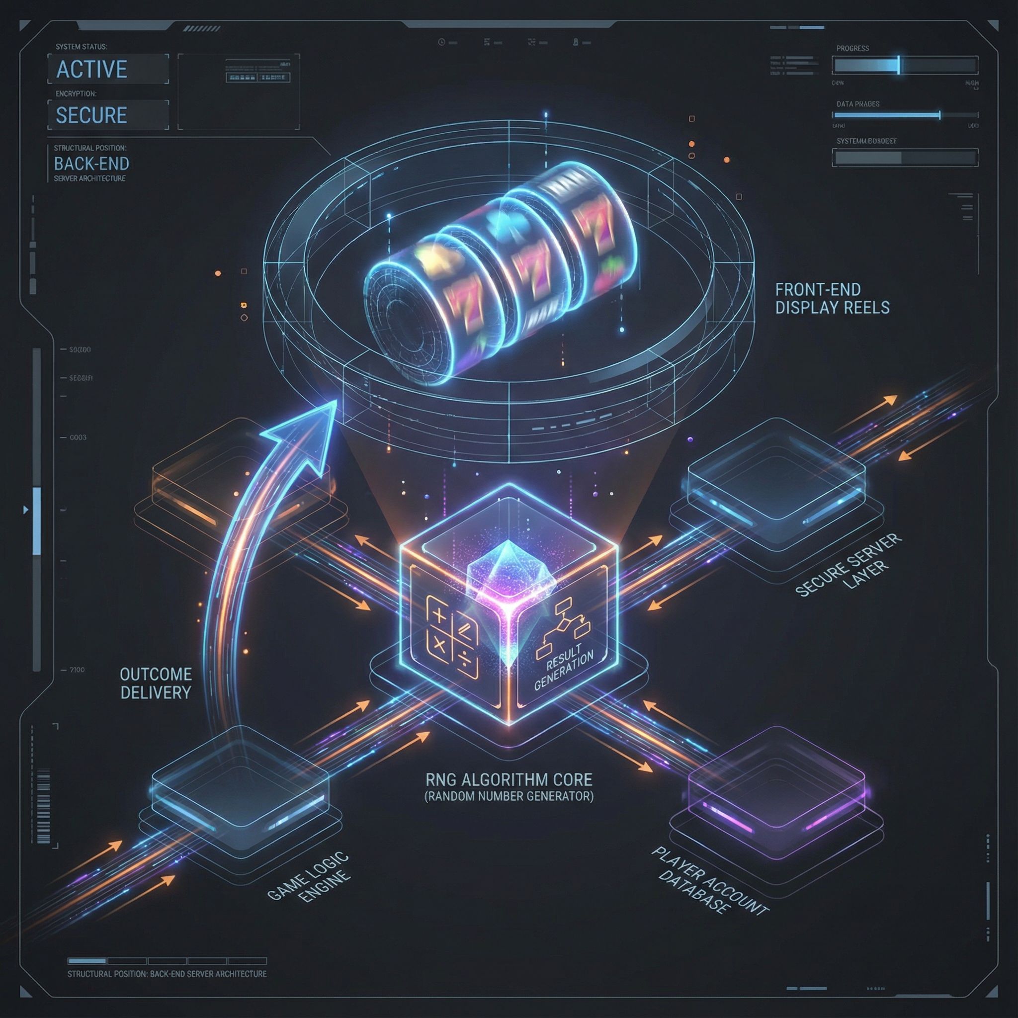 어두운 배경에 슬롯 릴과 RNG 노드, 화살표로 계층 구조를 표현한 모습이다