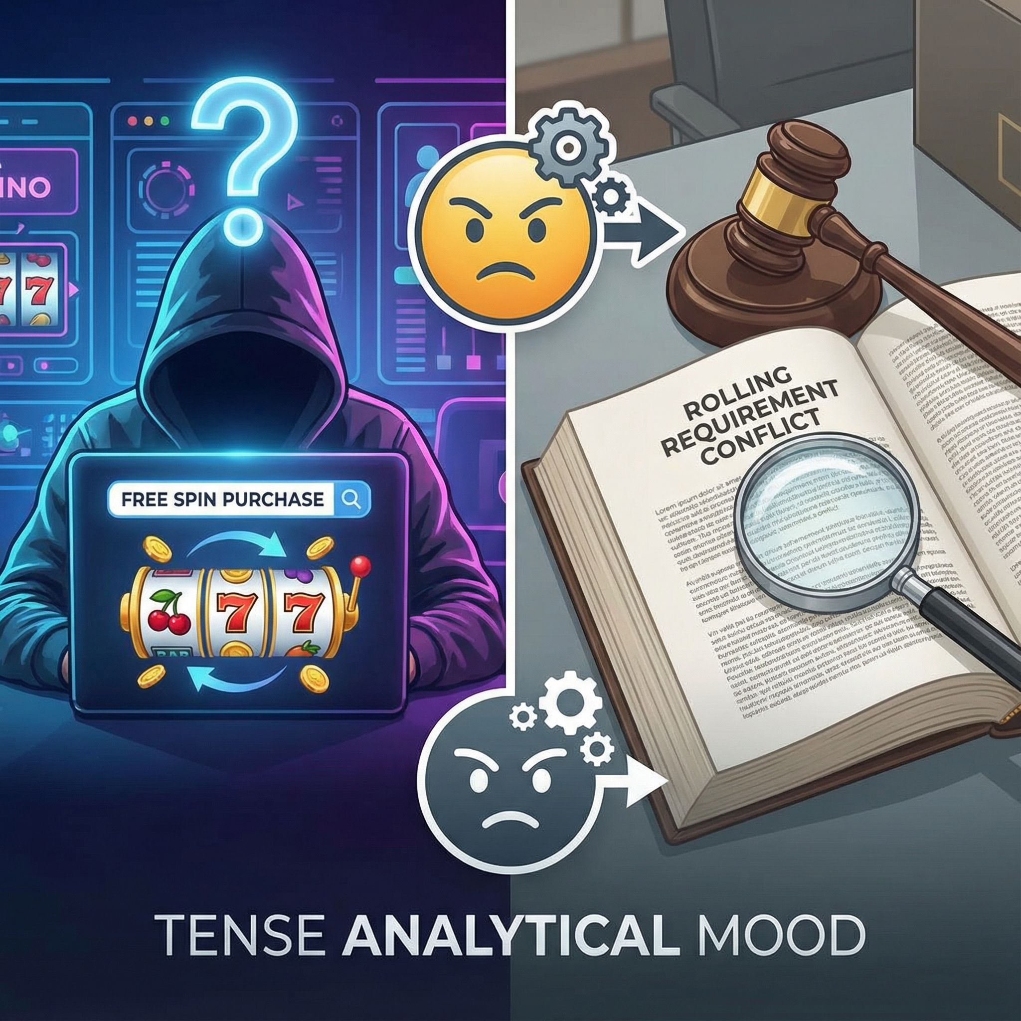 노트북 앞 인물이 검색 중, 왼쪽 슬롯아이콘 오른쪽 법전 분할, 물음표와 긴장감 있는 인포그래픽 모습이다