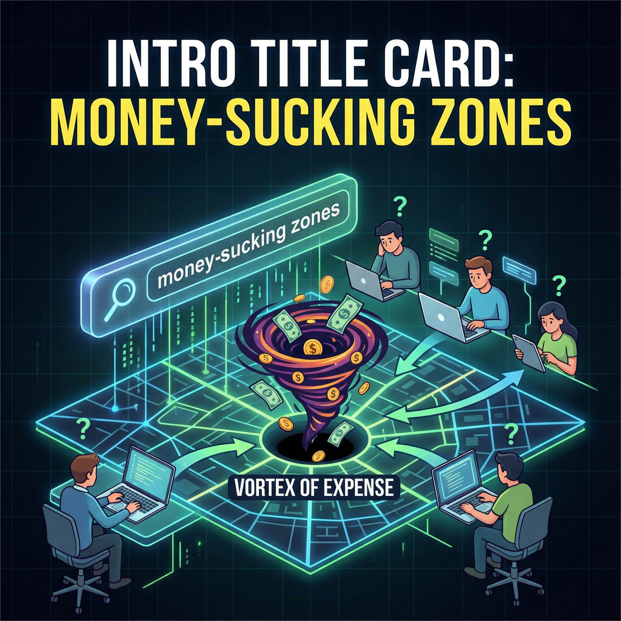 파란 도시 지도 위, 빛나는 검색창과 돋보기 곁 돈다발이 검은 소용돌이로 빨려드는 모습이다