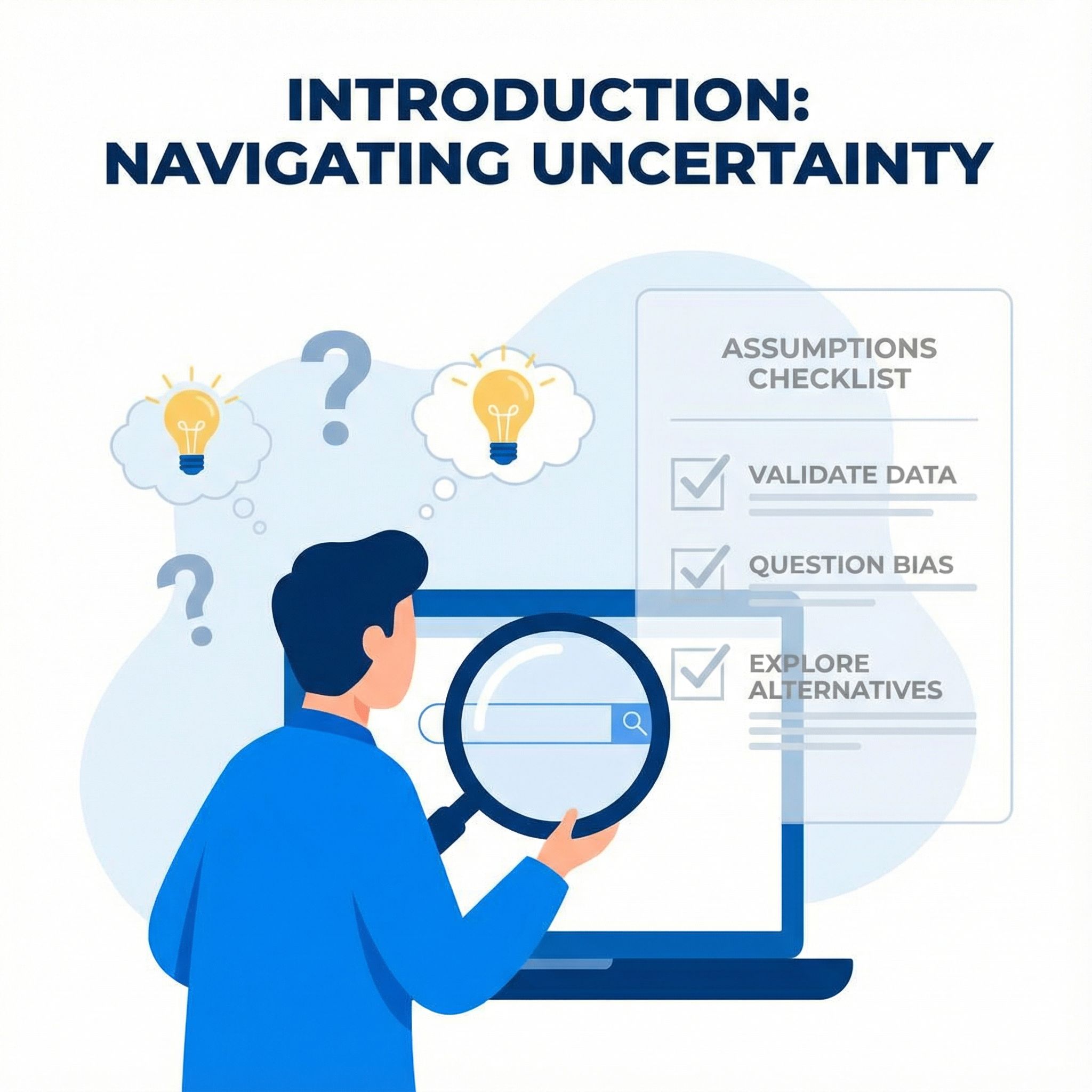 노트북 화면에 돋보기를 댄 인물, 물음표와 전구 아이콘이 떠 있고 체크리스트가 희미한 깔끔한 인포그래픽이다.