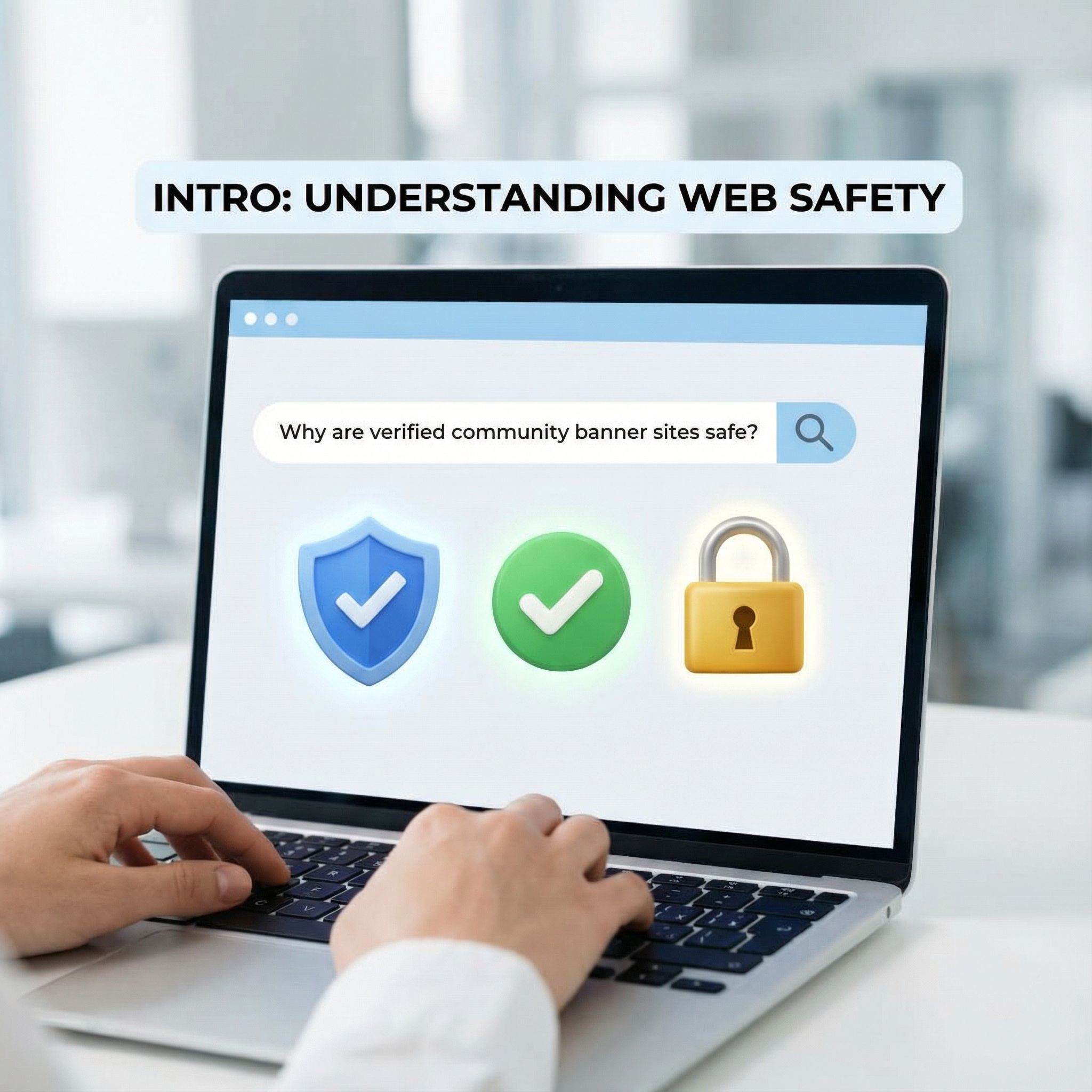 노트북 화면에 안전한 배너 사이트 검색어와 방패, 체크, 자물쇠 아이콘이 있는 푸른 UI 모습이다