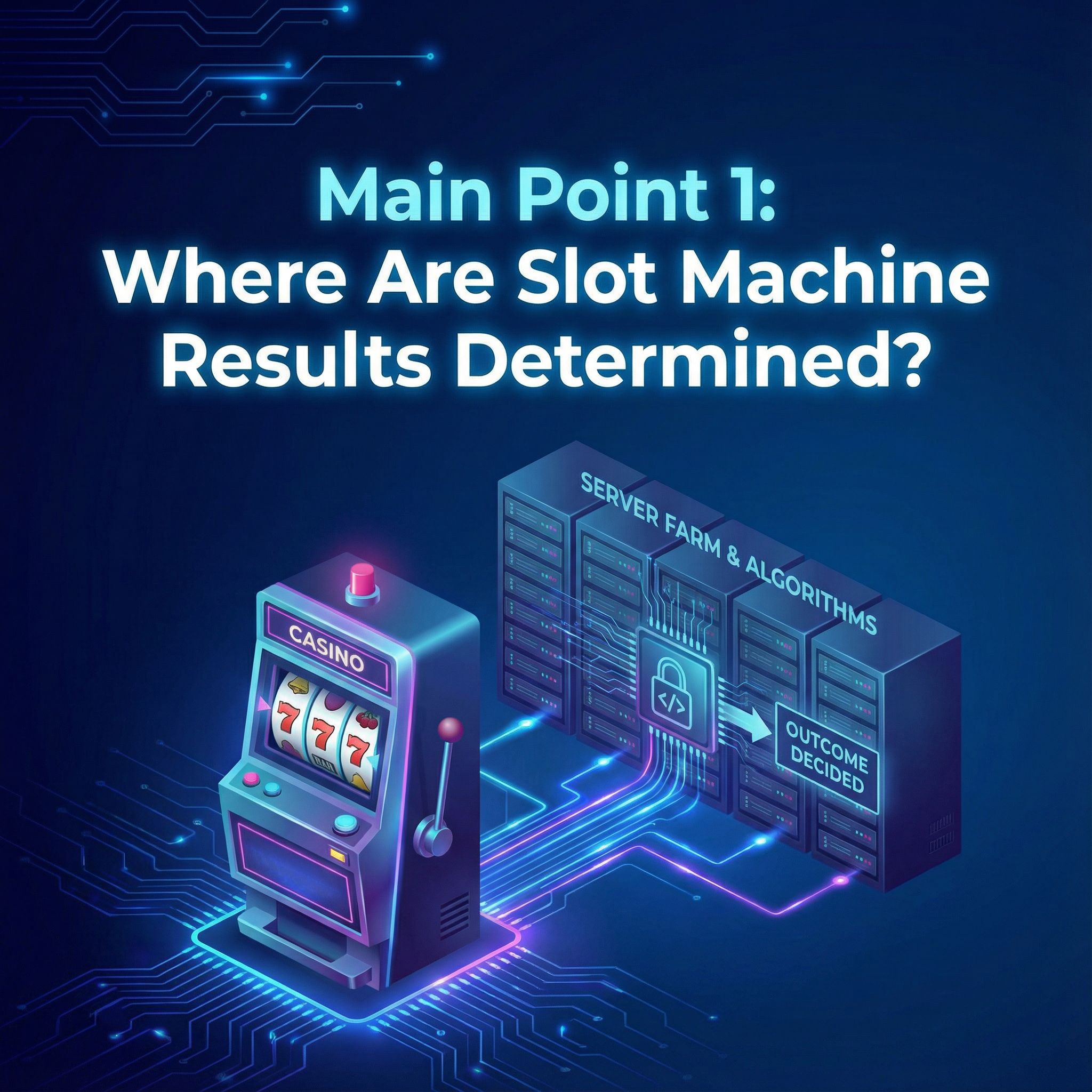 카지노 슬롯머신 앞에 데이터 흐름과 서버가 배치돼 숨은 알고리즘을 표현한 모습이다