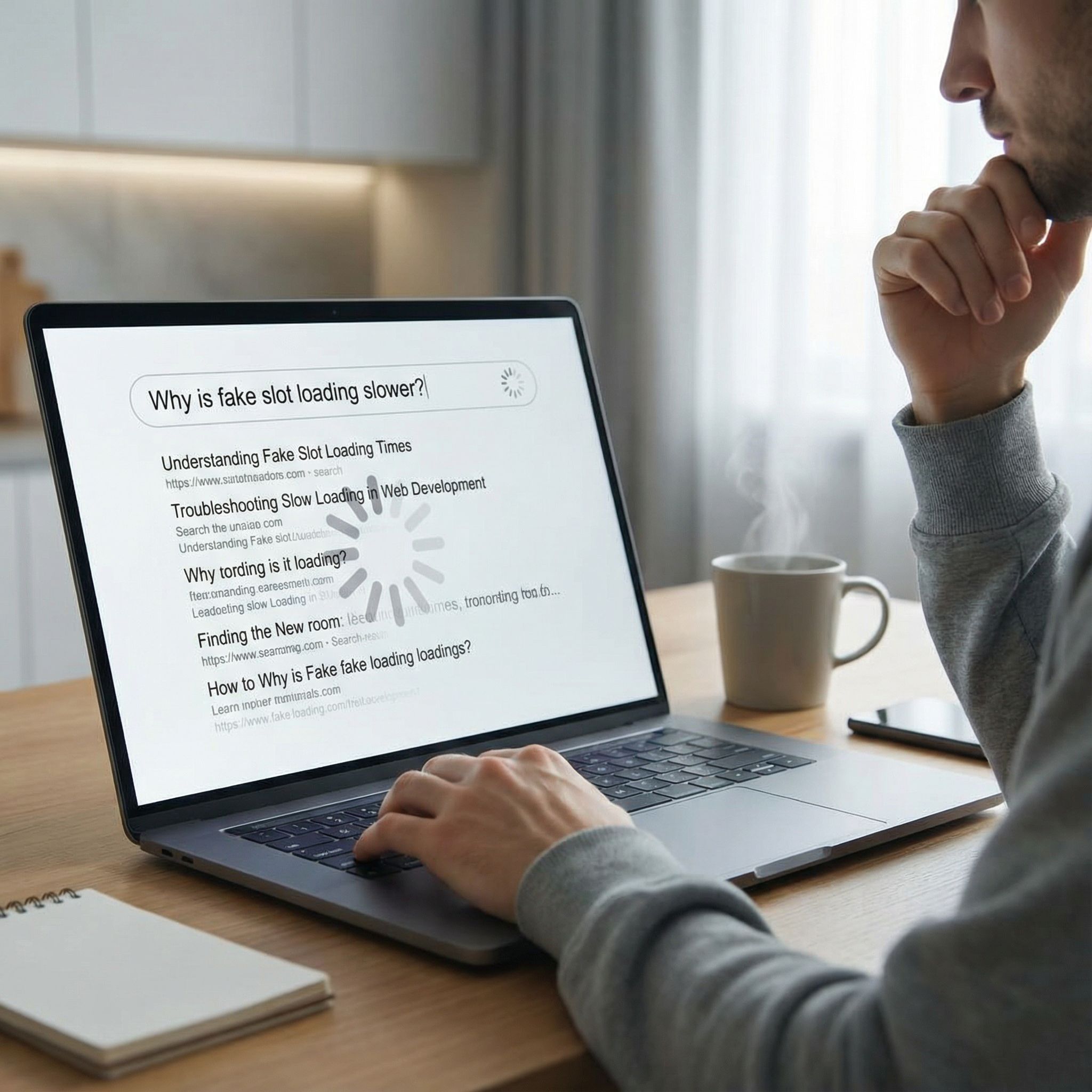 책상 앞에서 노트북을 사용하는 인물이 가짜 슬롯 로딩이 느린 이유를 검색하며 화면 중앙의 로딩 아이콘을 지켜보는 분석적 상황이다