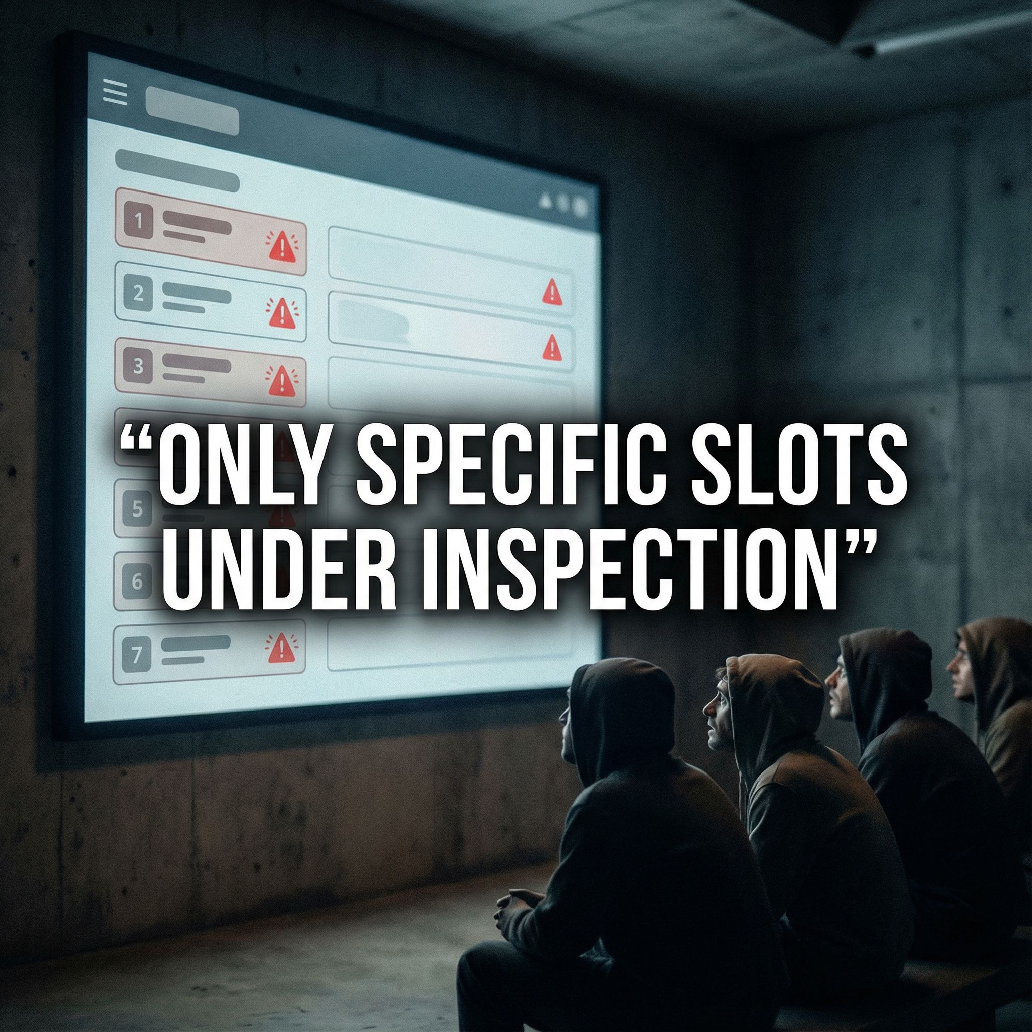 무채색 배경에 경고 아이콘과 대기표 전광판을 불안하게 바라보는 사람들 모습이다