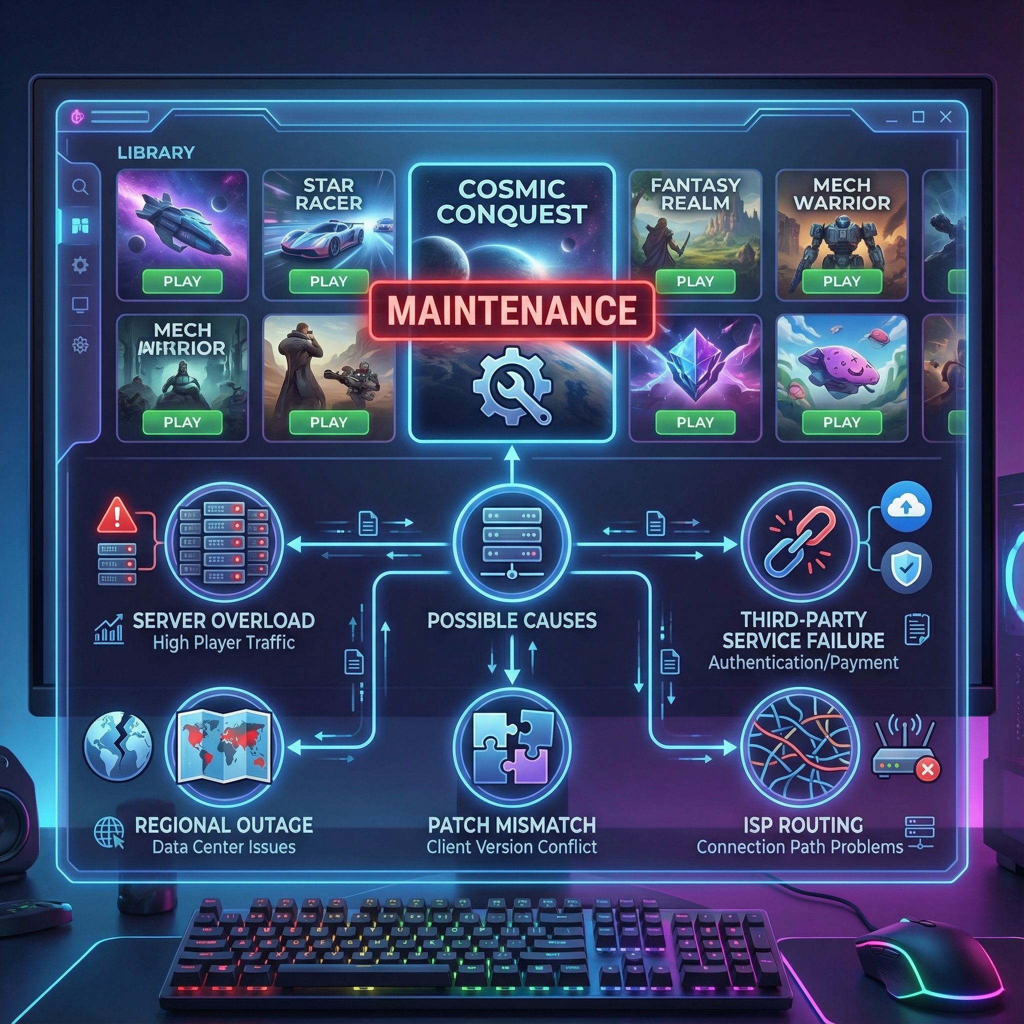 파란 PC 대시보드에 한 게임만 점검 표시, 원인 흐름도와 아이콘들이다.