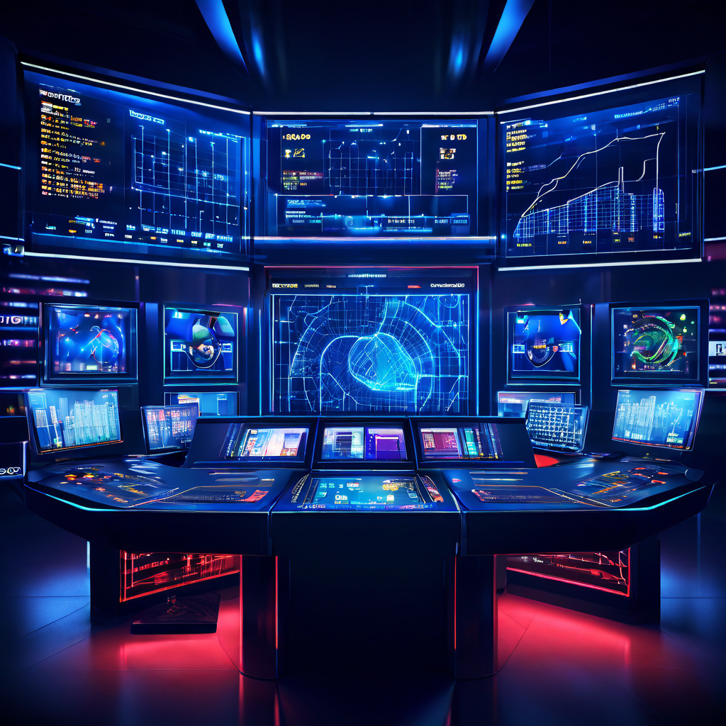 푸른 빛의 디지털 뇌와 베팅 그래프 모니터가 어우러져 바카라 분석 구조를 영화처럼 묘사한 모습이다