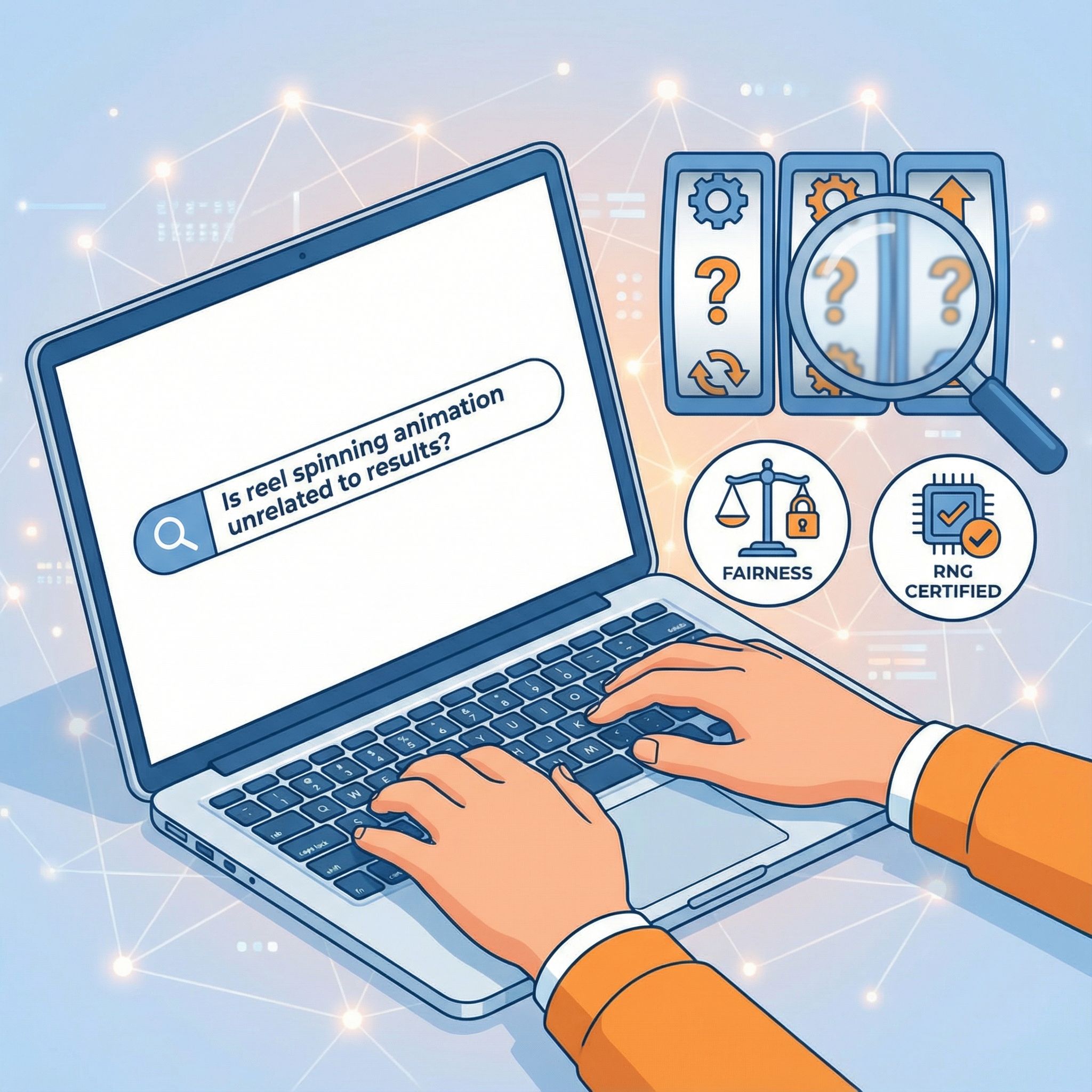 노트북 검색창에 확대경, 슬롯머신 릴과 공정성 아이콘이 함께 있는 깔끔한 인포그래픽 모습이다