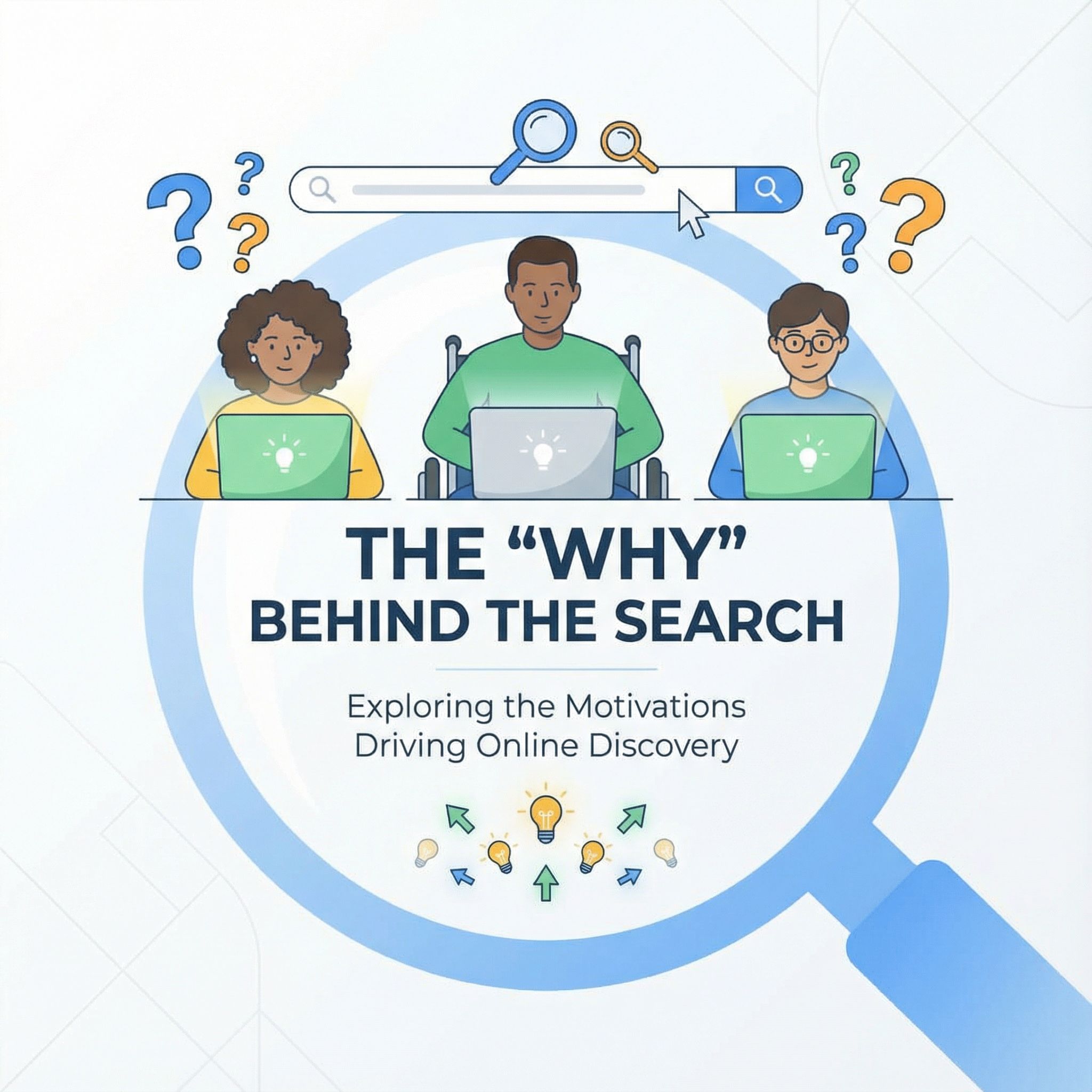 밝고 깔끔한 배경에 다양한 사용자가 컴퓨터로 검색, 돋보기와 물음표가 배치된 모습이다