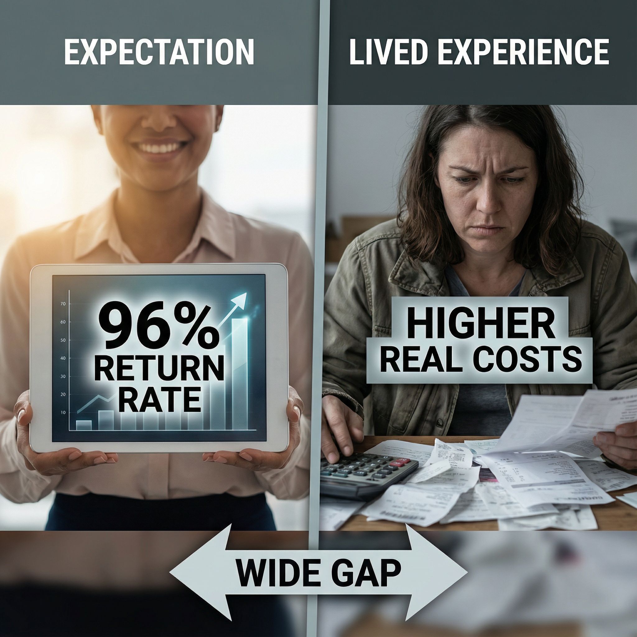 화면 분할, 왼쪽은 96% 수익률 보고서 보는 희망적 인물, 오른쪽은 실제 비용에 실망한 인물 모습이다