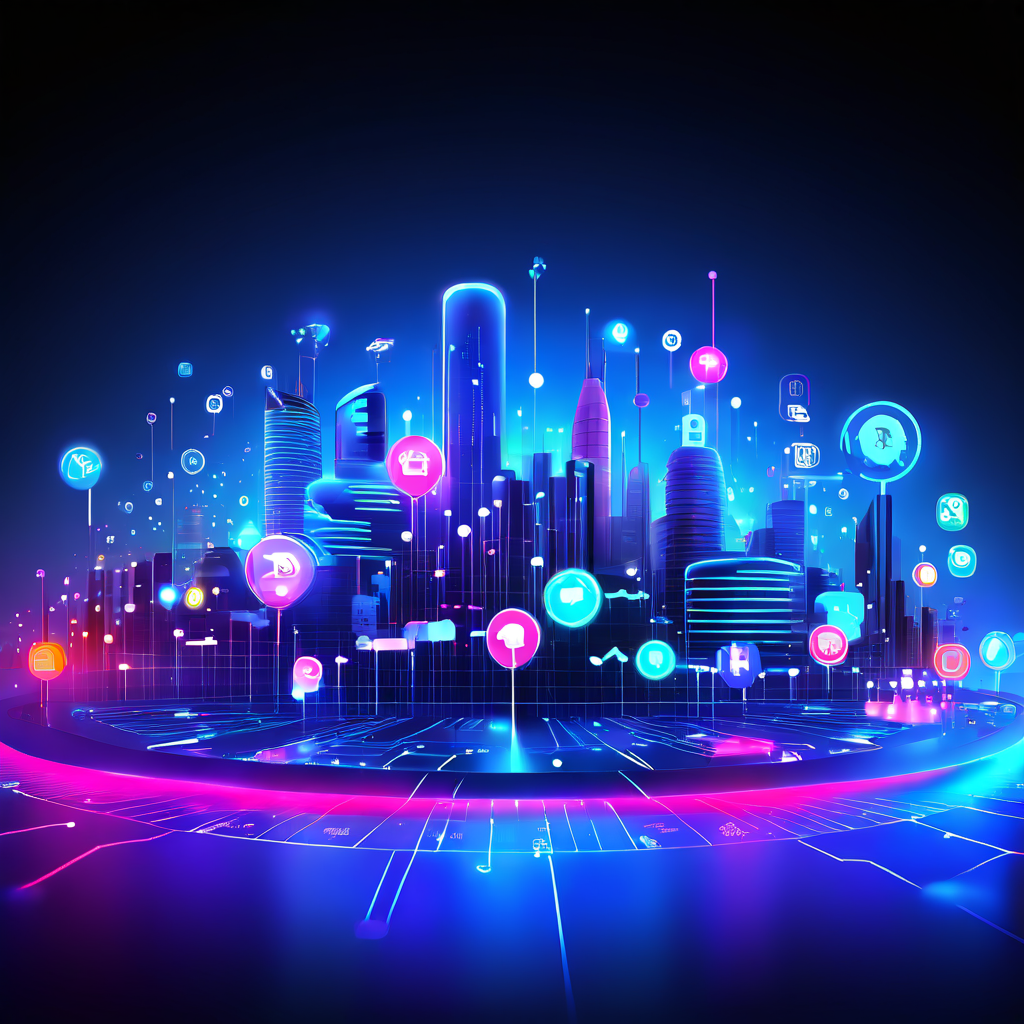 네온 빛 데이터와 정렬된 아이콘들이 어우러져 미래적인 디지털 규제 환경을 표현한 이미지