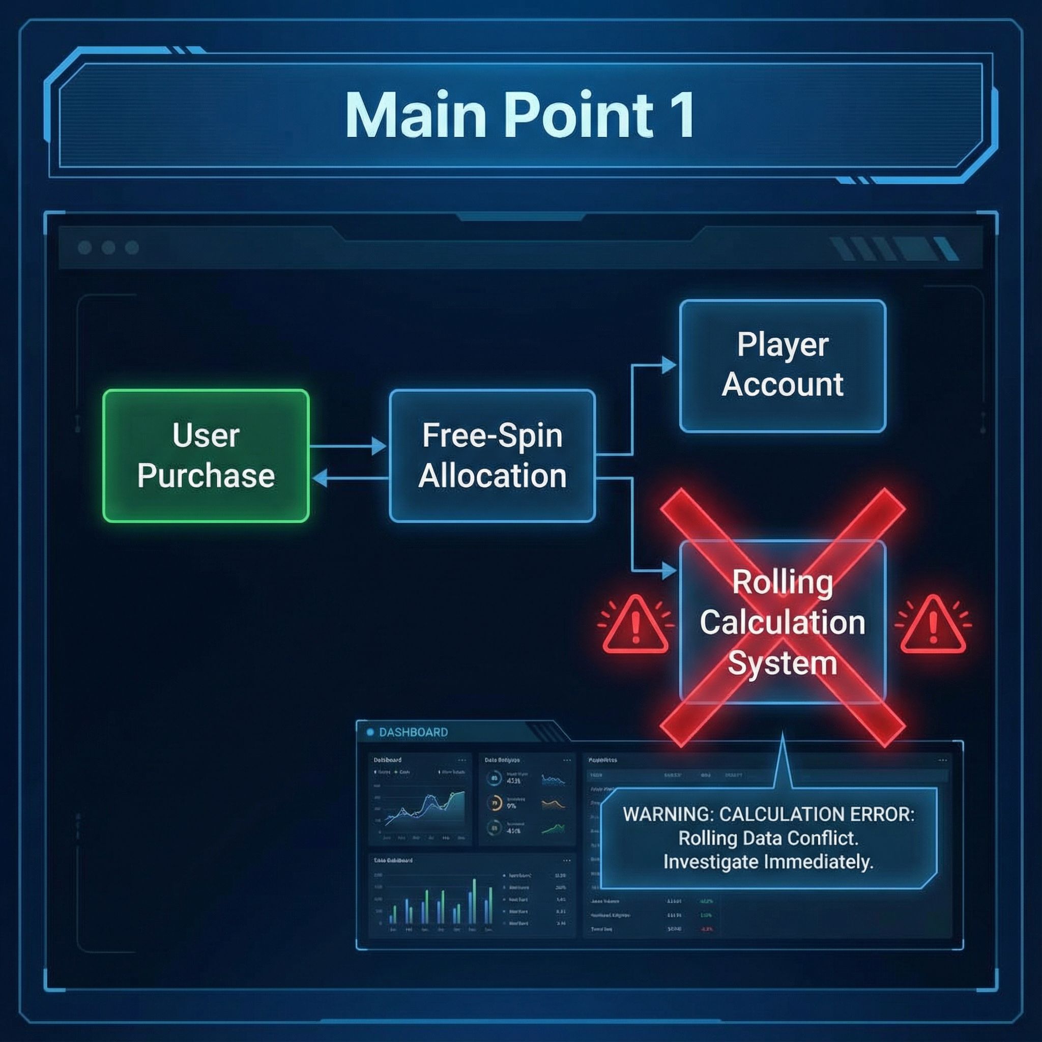 파란 배경 슬라이드에 구매 흐름도와 교차선, 경고 아이콘이 충돌 지점을 강조한 모습이다
