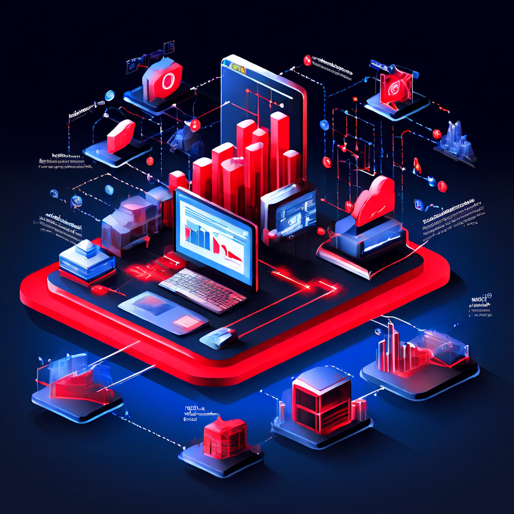 복잡한 데이터 연결망 속에 붉은색 경고 아이콘이 떠 있는 입체적인 하이테크 구조도 모습이다