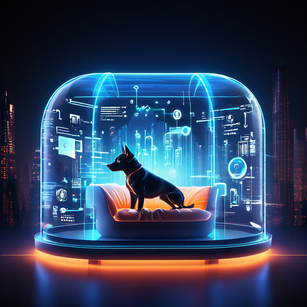 빛나는 데이터와 말풍선이 가득한 미래적 배경 속 개집을 통해 온라인 문화를 감각적으로 묘사한 3D 일러스트이다.