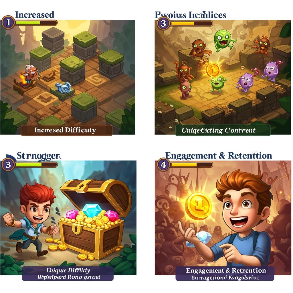 작은 영웅 캐릭터가 돌 플랫폼 사이를 이동하며 보물 상자에 다가가는 모습이 퍼즐 형식의 단계 구조로 표현된 장면