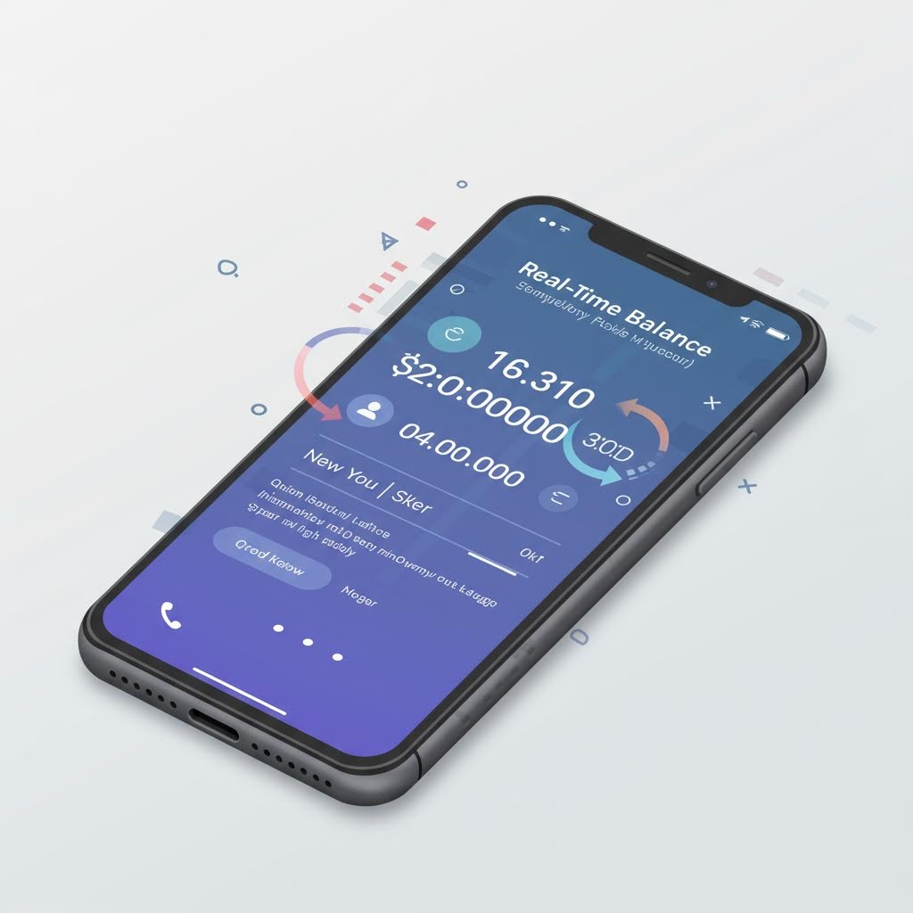 바닥면 위에 비스듬히 놓인 모바일 화면에 잔액 정보와 전환 아이콘, 사용자 프로필 등이 파란색 인터페이스로 정돈되어 표시되며 주변에 흐릿한 그래픽 요소들이 더해져 디지털 금융 기능의 구조가 부드럽게 드러나는 모습